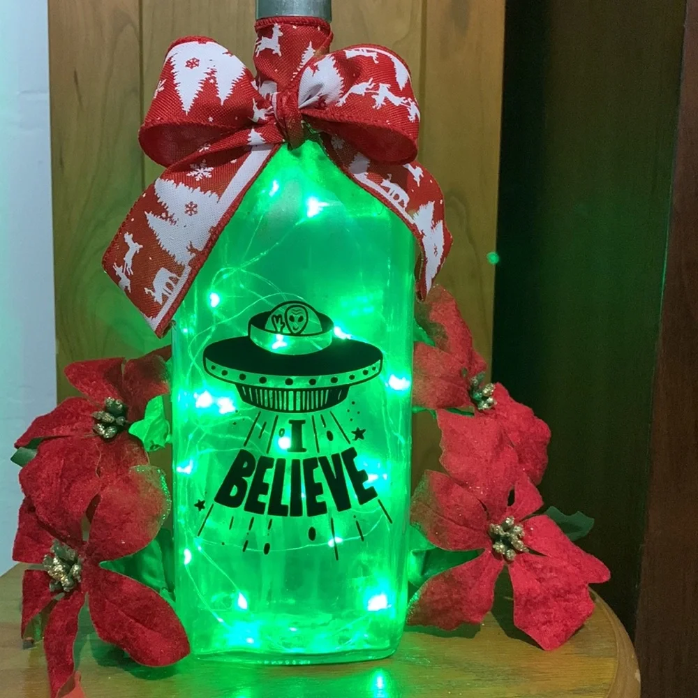 Hand crafted Festive Alien ‘I Believe’ silver painted Bottle lantern
